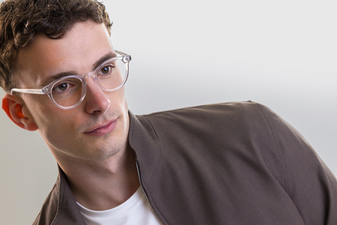 male model wearing Bell Clear Crystal Glasses