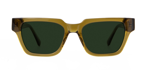 Macrae Sunglasses in Husk Crystal with green lenses front unfolded view