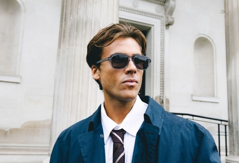 Male model wearing Lachlan Light Grey Crystal Sunglasses side profile