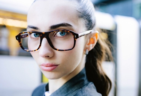 Female model wearing Lachlan Deep Havana Glasses front profile